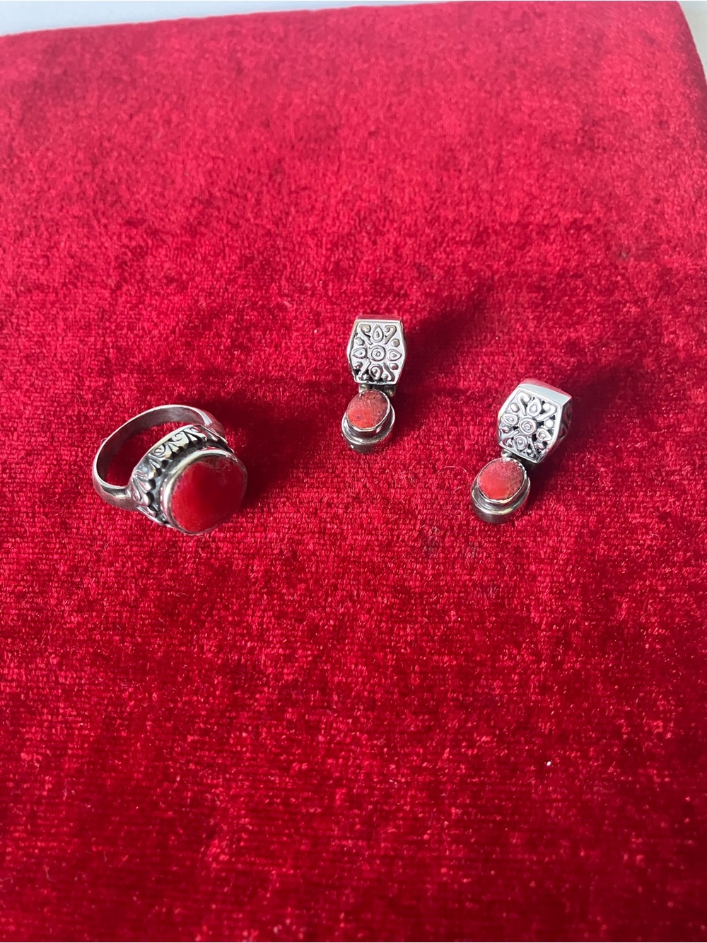 Sterling Silver 925 Scroll Red Coral Pierced Drop Earrings & Size 6.5 Ring Set.
